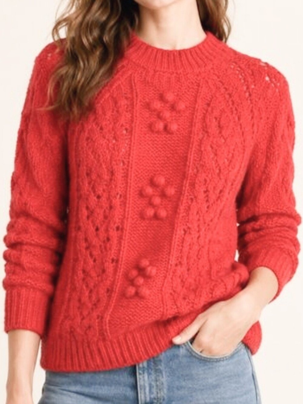 J. Crew Orange Red Cable-Knit Pom-Pom Wool Alpaca Blend Chunky Sweater Size XS